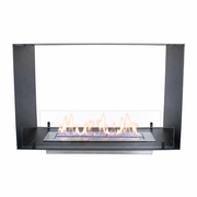 Foco Two 800 see-through bioethanol fireplace, studio shot with lit flame