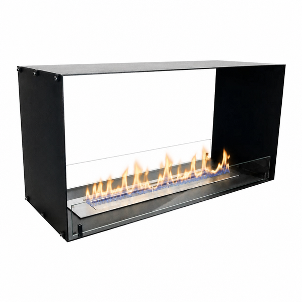 Foco Two 1000 see-through bioethanol fireplace, studio shot with lit flame