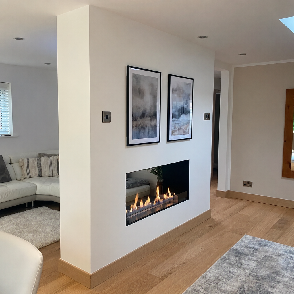 Foco Two 1200 built-in bioethanol room divider fireplace installed between living room and hallway