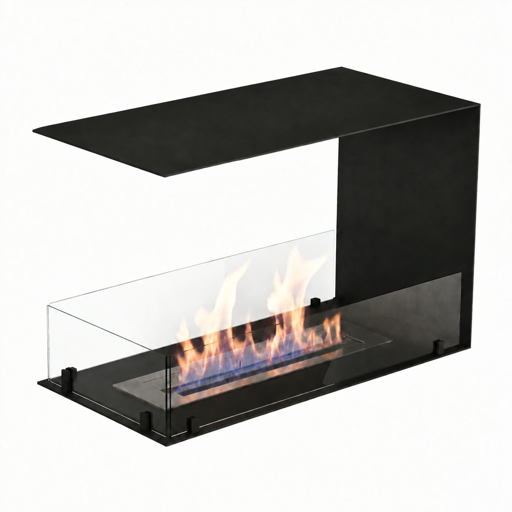 Foco Room Divider 800 - lit ethanol flame, isometric studio view