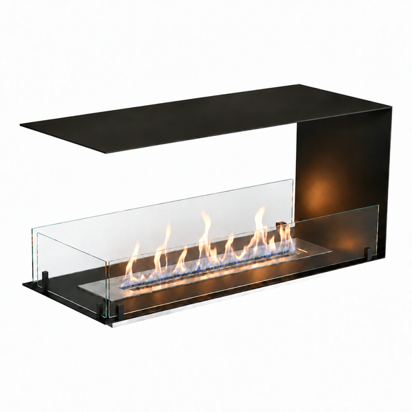 Foco Room Divider 1000 with a realistic lit ethanol flame, front-isometric studio shot.