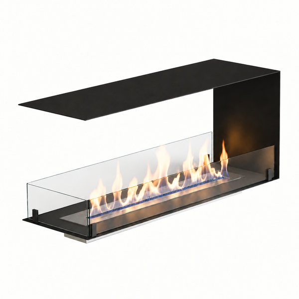Foco Room Divider 1200 with a realistic lit ethanol flame, slim-profile isometric studio shot.