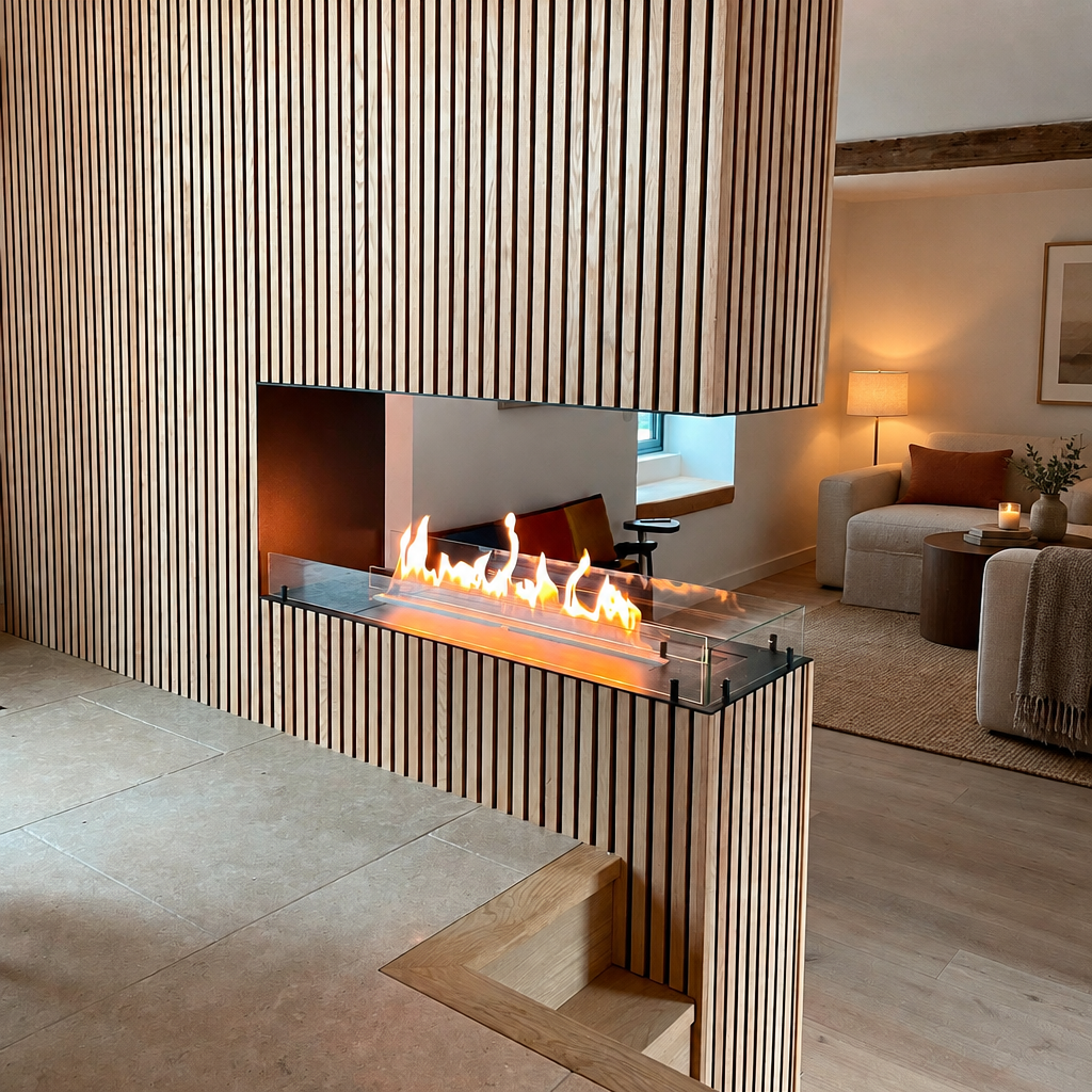Foco Room Divider 1200 built into a ribbed oak wood-slat wall with a lit flame, styled beside a cozy seating nook.
