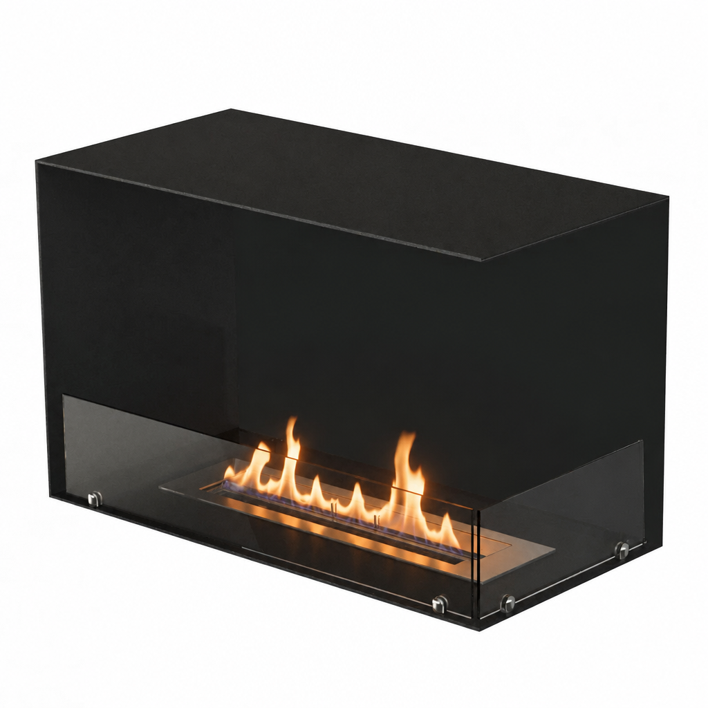 Foco Corner Right 800 with a realistic lit ethanol flame, white-background studio shot.