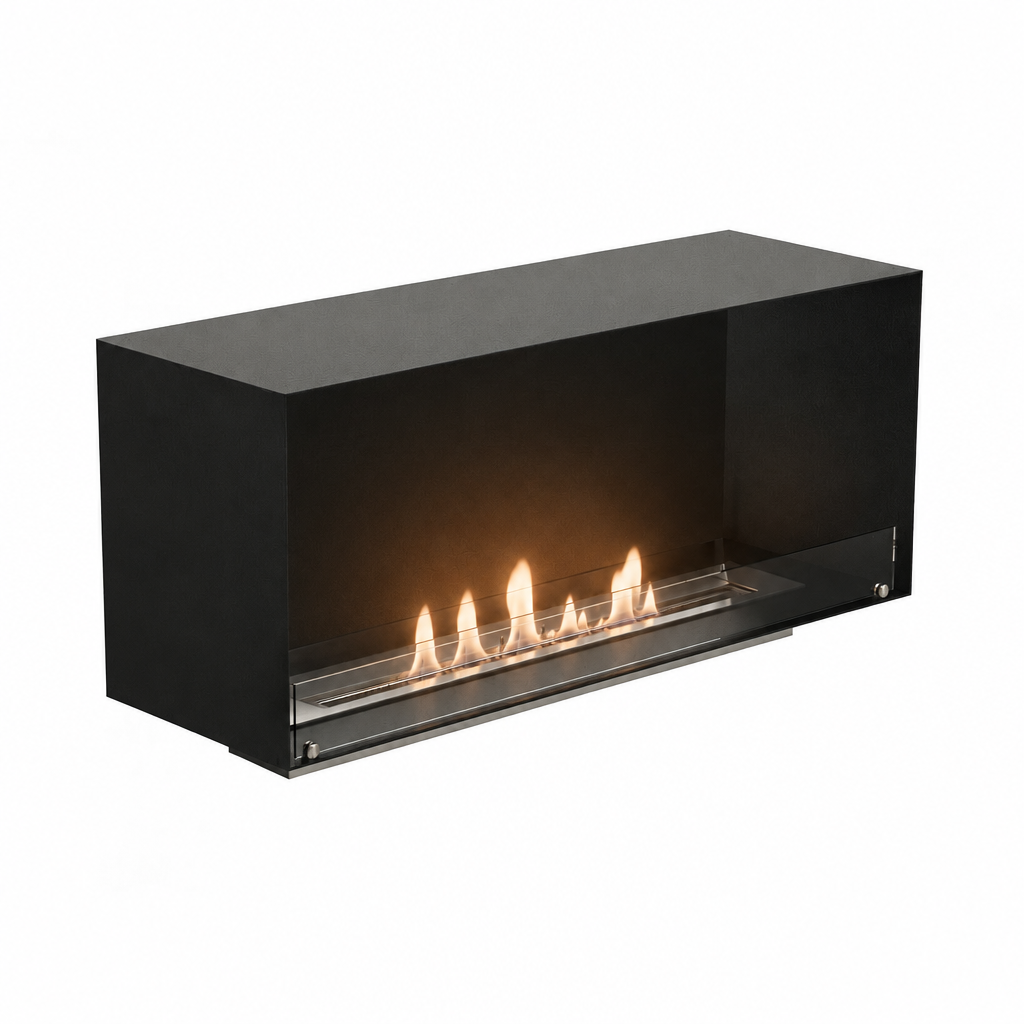 Foco One 1200 one-sided built-in bioethanol fireplace with a lit realistic flame, white background studio shot