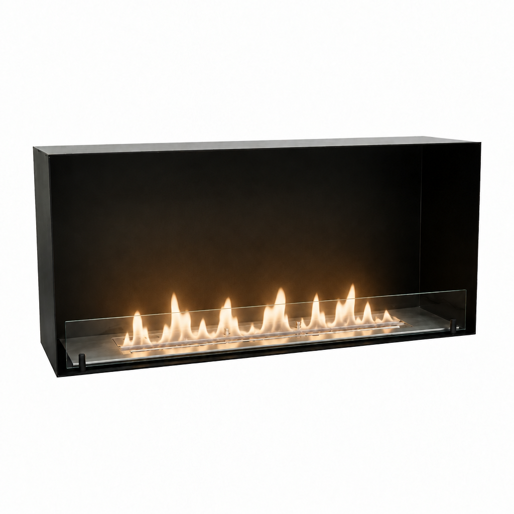 Foco One 1100 Medium white-background studio shot with realistic lit ethanol flame, burner flush and centered