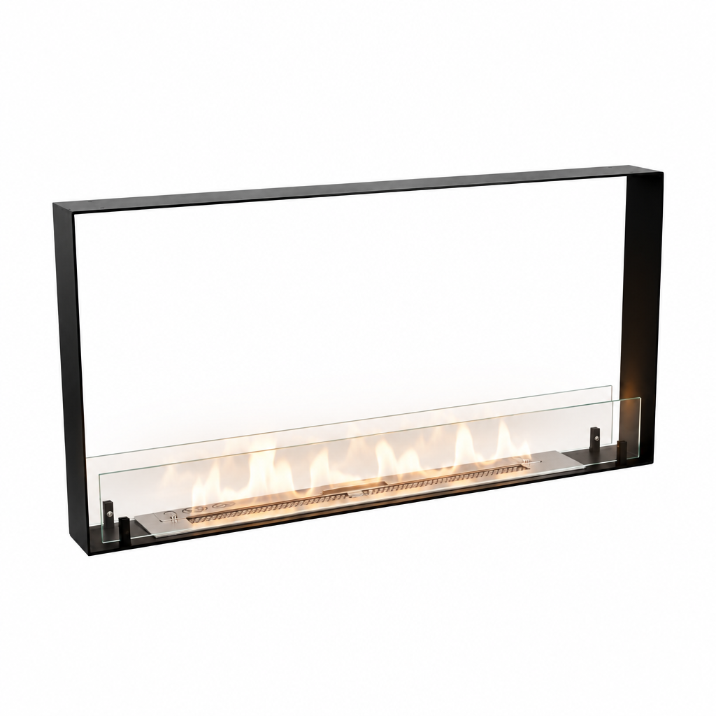 Foco Two 1000 Ultra Slim bioethanol fireplace with lit flame, white background studio shot