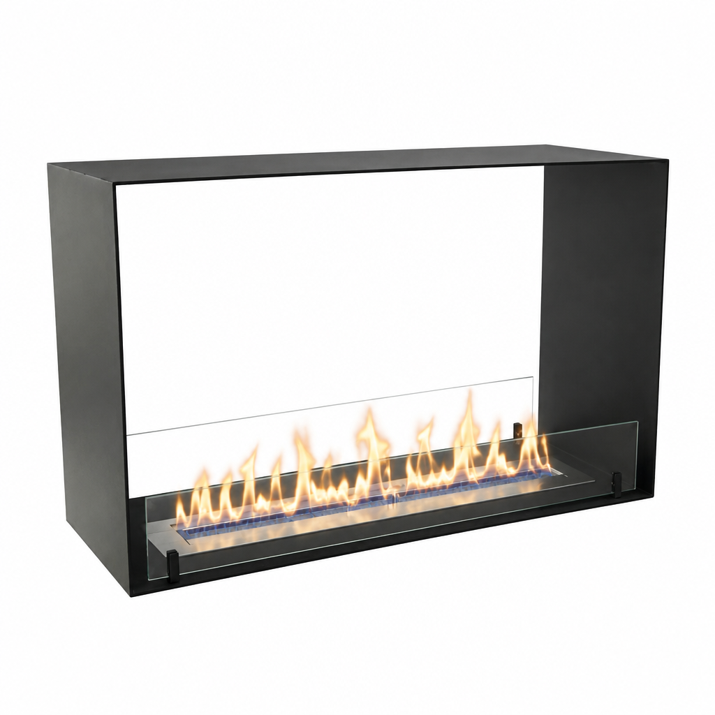 Foco Two 800 Medium bioethanol fireplace with lit flame, white background studio shot