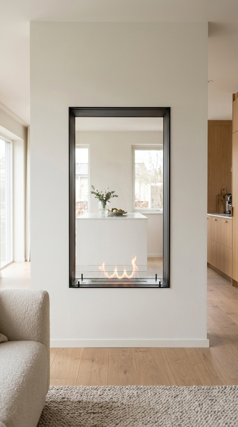 Foco Two 800 Tall double-sided through-view bioethanol fireplace installed in a Scandinavian living room, connecting two rooms