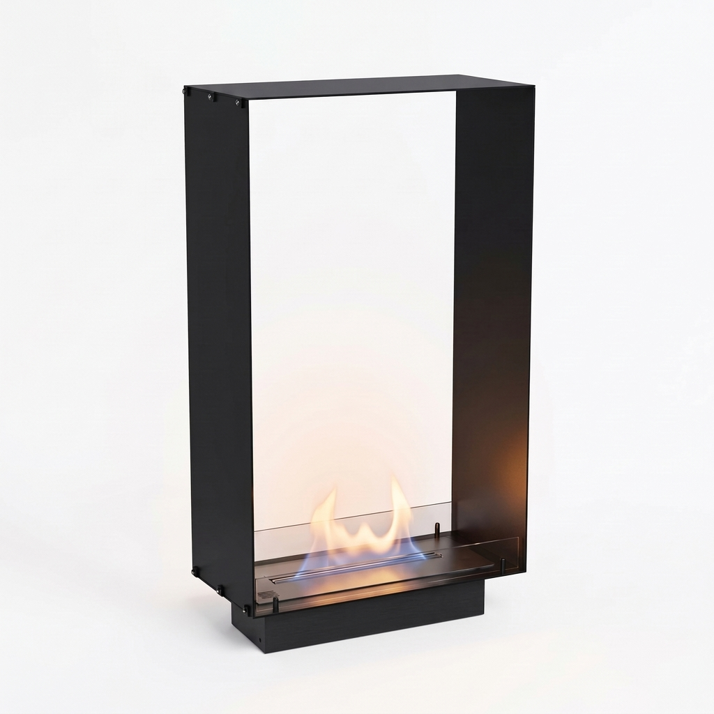 Foco Two 800 Tall bioethanol fireplace with a low realistic ethanol flame, white background studio shot