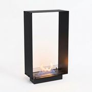 Foco Two 800 Tall bioethanol fireplace with a low realistic ethanol flame, white background studio shot