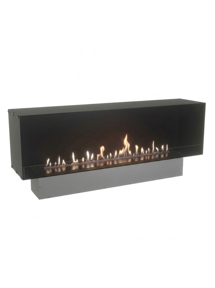 Foco One 1800 bioethanol fireplace with a realistic lit flame, white background studio shot