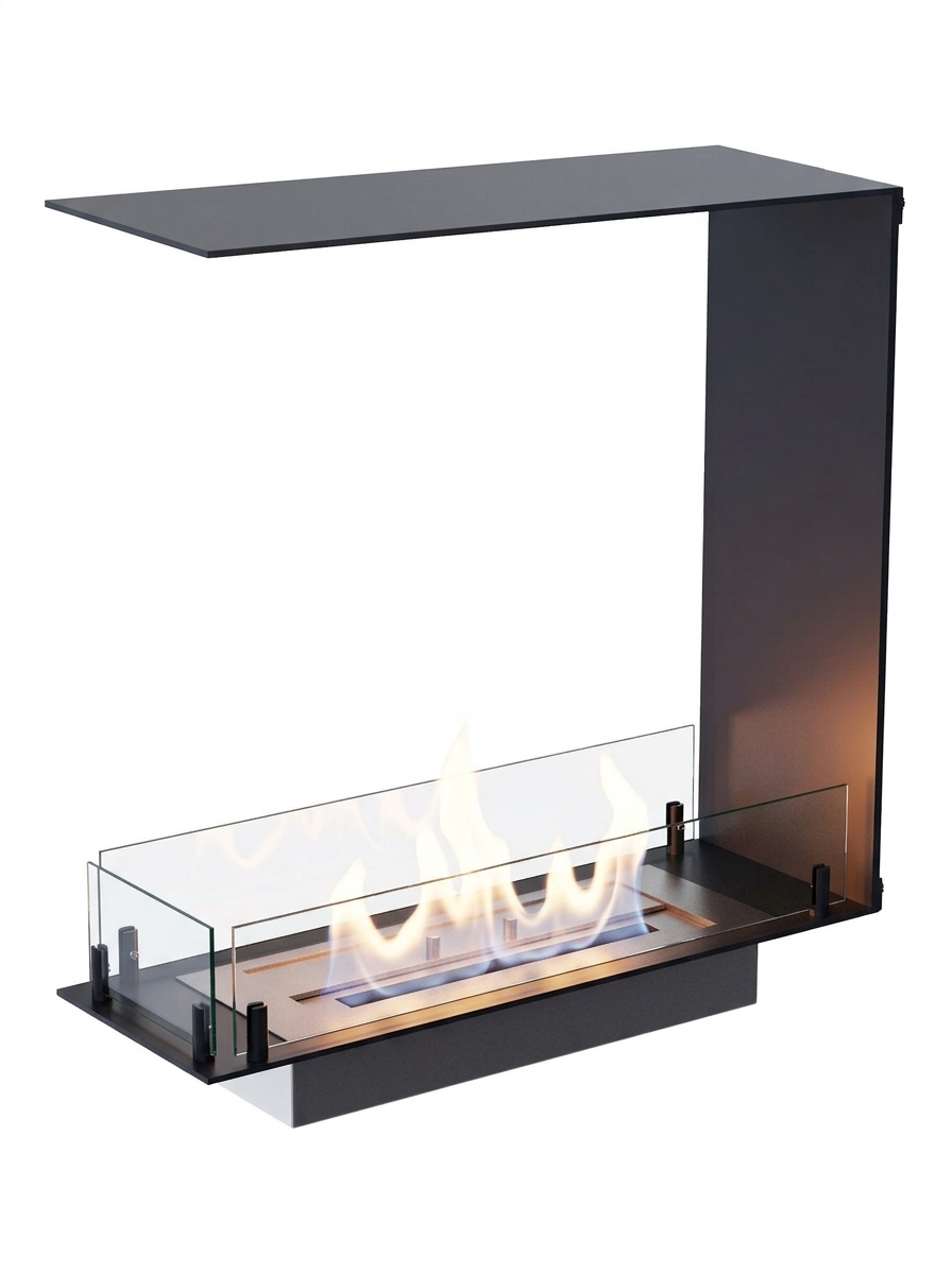 Foco Room Divider 600 Slim three-sided bioethanol fireplace with a realistic lit flame, white background studio shot