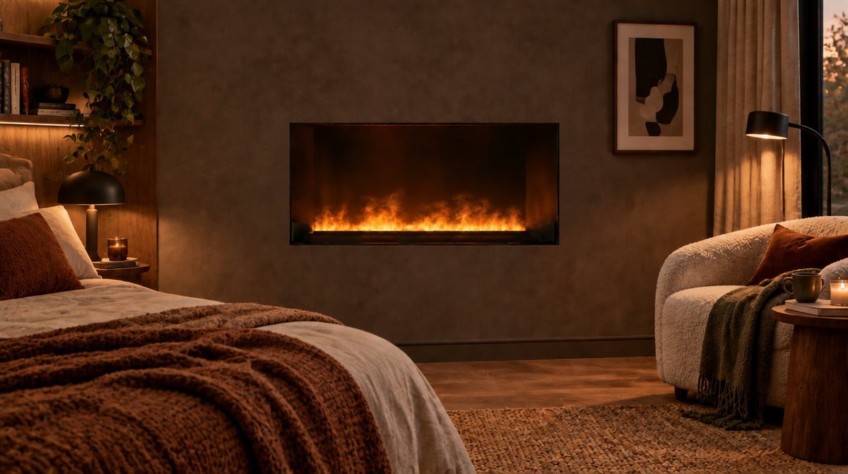 Foco Myst One 1200 built into a cosy den wall, lit water vapour flame, lifestyle setting