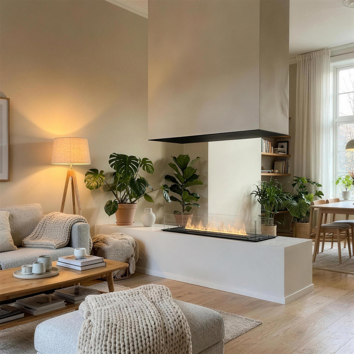 Foco Myst Four 1200 water vapour fireplace built into a plaster-clad pillar dividing a living room and dining area, with a lit water vapour flame, in a warm neutral home