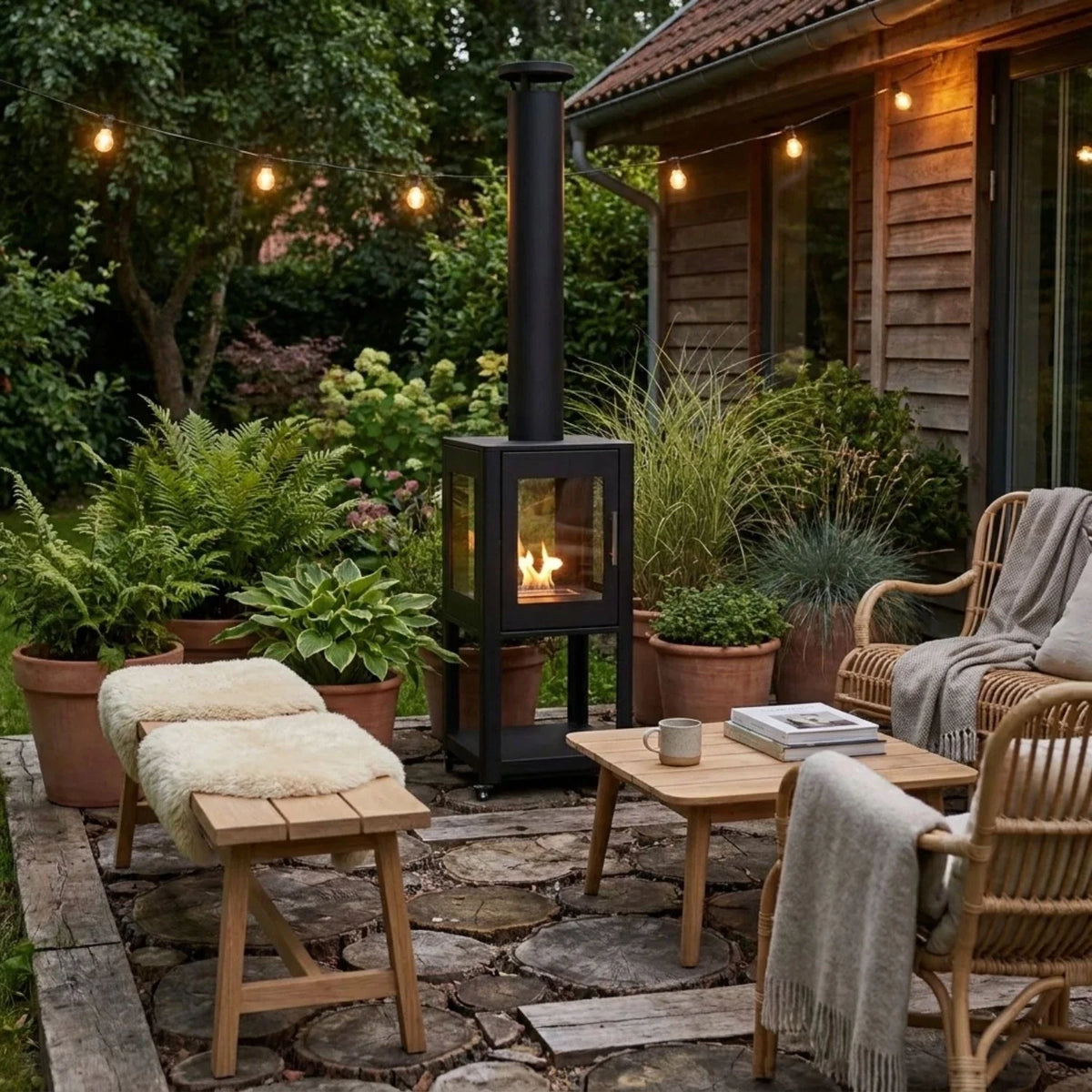 ScandiFlames Natura Garden bioethanol fireplace lit at dusk on a garden patio surrounded by potted plants and wicker seating