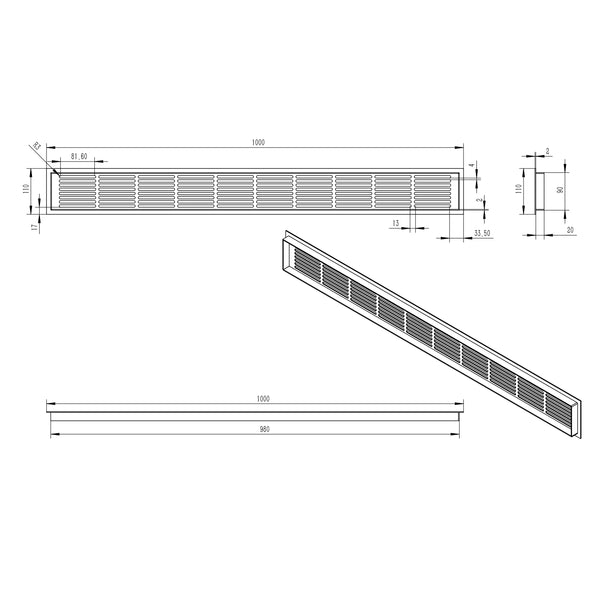 Grille de ventilation noire - 100 x 11 cm - 420 cm²